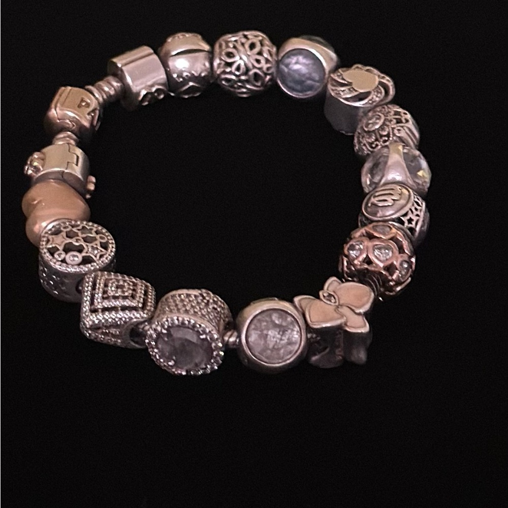 Pandora Sterling Silver Bracelet with 14K Gold Snap Clasp with 16 charms